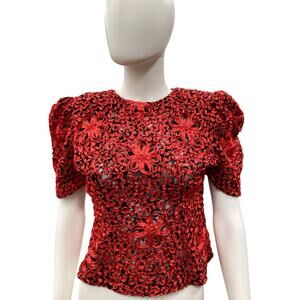 Vintage Made In France Top Women’s SizeS/M Ribbon Pattern Puff Sleeves Sheer Red